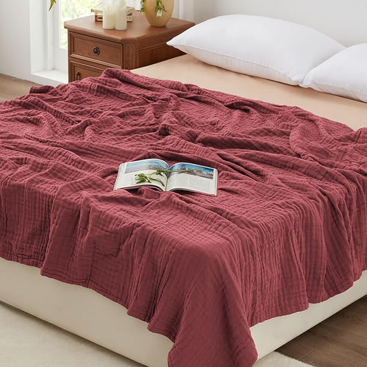 Love's cabin 6 Layer 100% Cotton Muslin Blanket, 90"x90" Muslin Blanket Queen for Couch Bed, Lightweight and Breathable Cotton Gauze for Adult, Wine Red