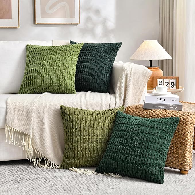 Fancy Homi 2 Packs Boho Moss Green Decorative Throw Pillow Covers 18x18 Inch for Couch Bed Sofa, Rustic Modern Farmhouse Home Decor, Soft Plush Corduroy Cute Square Cushion Case 45x45 cm