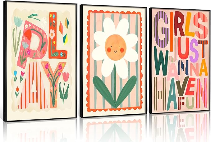 Boho Floral Sun Nursery Wall Art Girls Just Wanna Have Fun Positivity Affirmation Rainbow Print Playroom Classroom Counseling Office wall decor Play Poster for Kids Bedroom, 12x16 Inch, Set of 3