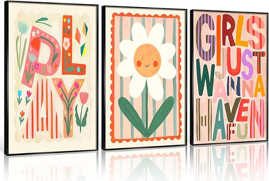 Boho Floral Sun Nursery Wall Art Girls Just Wanna Have Fun Positivity Affirmation Rainbow Print Playroom Classroom Counseling Office wall decor Play Poster for Kids Bedroom, 16x24 Inch, Set of 3