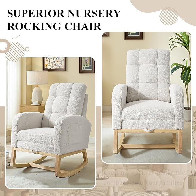 Nursery Rocking Chair, Polyester Upholstered Glider Chair with Footrest, Comfy Rocker Chair, Accent Chair with High Backrest, Glider Rocker, Armchair for Living Room (White Teddy)
