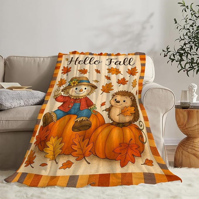 Fall Blanket Cute Autumn Pumpkin Scarecrow Hedgehog Maple Leaf Throw Blanket Soft Cozy Fleece Fuzzy Plush Flannel Warm Stuff Hello Fall Blanket Gifts for Women Girls Kids Thanksgiving 40"x50"