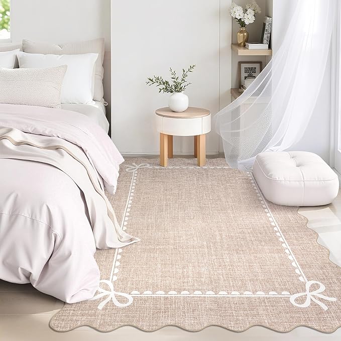 GarveeHome Scalloped Bow Rug for Living Room, Solid Camel Rug for Dorm, Washable Rugs 3x5 Soft Low Pile Non Slip Scalloped Rugs for Nursery Bedroom Decor Hallway Kids Room Playroom