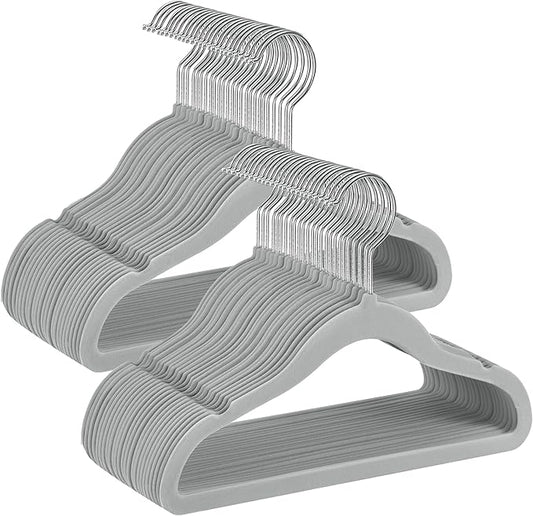 SONGMICS Baby Kids Hangers 50 Pack for Closet, 11.8 x 8.1 Inches, Silver 360° Swivel Hooks, Space-Saving Clothes Velvet Hangers for Nursery, Non-Slip, Dove Gray UCRF027G05