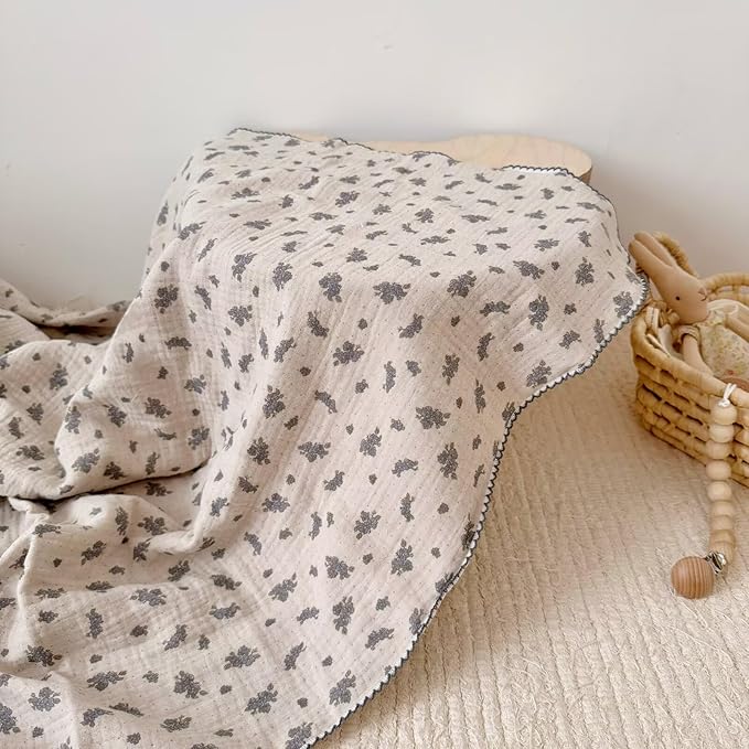 BuLuTu Shabby Chic Floral Baby Blanket 47x51 Inch, Double-Layer Muslin Cotton Blanket for Toddler Girls Boys, 100% Cotton Large Baby Quilt, Blue Orchid Print Nursery Blankets