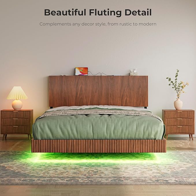 Evermagin Walnut Queen Floating Bed Frame with Headboard, Mid Century Modern Fluted Platform Bed with LED Lights, Heavy Duty Floating Bedframe with Charging Station, No Box Spring Needed