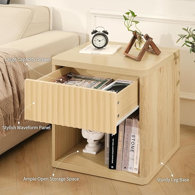 Night Stand Set of 2, Fluted Nightstand with Drawers, Wood Bedside Table with Storage, Bed Side Table Large Nightstands, End Tables Sofa Side Tables Night Stands for Bedroom Living Room