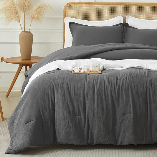 Muslin Comforter Set Queen Size, Cotton Cover & Polyester Filling, Breathable & Linen Like & Suitable for All-Season Use,3 Pieces(1 Comforter 90"x90", 2 Pillow Shams 20"x26"), Rock Grey