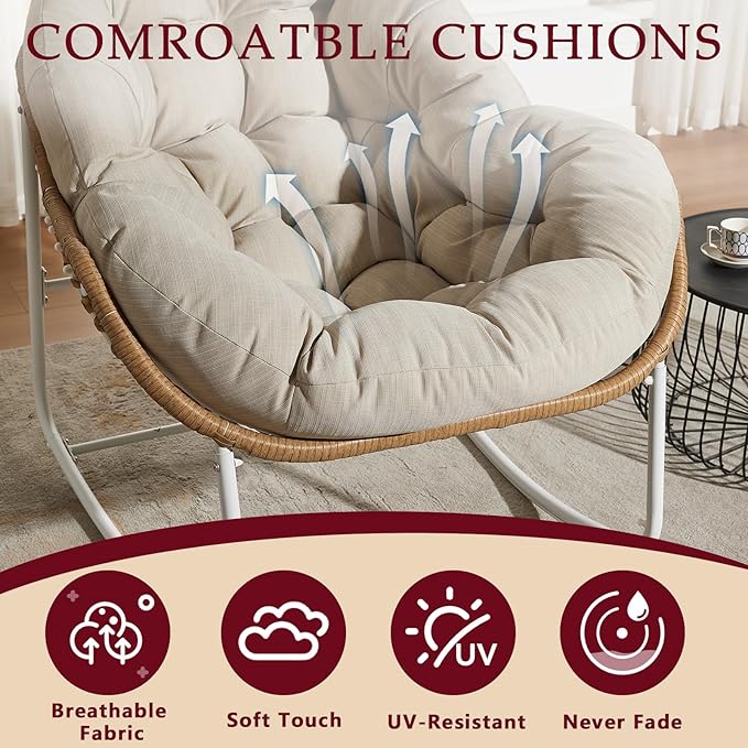 Oversized Outdoor Papasan Rocking Chair with Soft Cushion, Comfy Patio Egg Chair, Wicker Lounge Rocker for Balcony/Porch/Garden, Reinforced All Weather Rattan Frame, 330 lbs Support, Beige and White