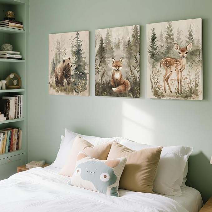ICHZUMW Woodland Animals Nursery Wall Decor, Nursery Wall Art, Watercolor Bear Fox Deer Painting Print Artwork for Boys Girls Kids Room, Wrapped Canvas, Ready to Hang, 16x24in, Set of 3