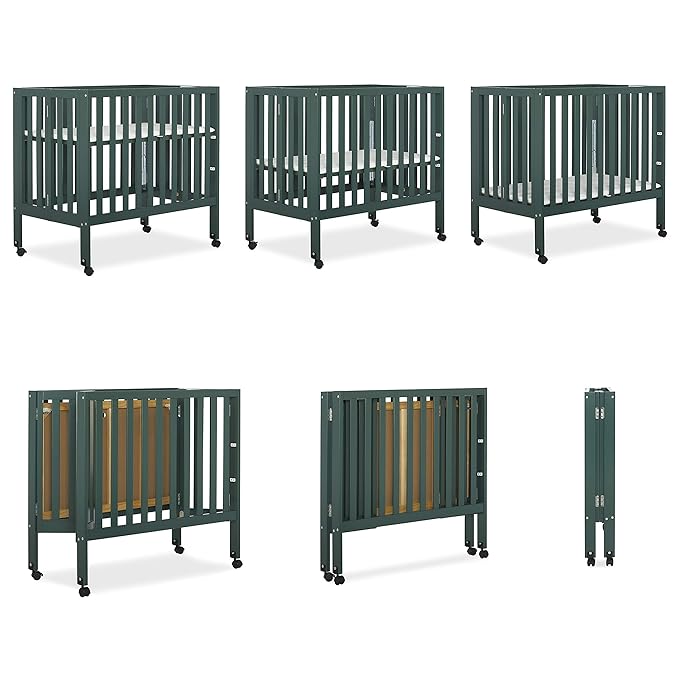Dream On Me Jett Mini Folding Baby Crib in Olive, GreenGuard Gold & JPMA, Lightweight & Portable, Patented Flat Folding System for Small Spaces & Travel, 1.5” Mattress Pad, 3 Heights, Safe Wheels