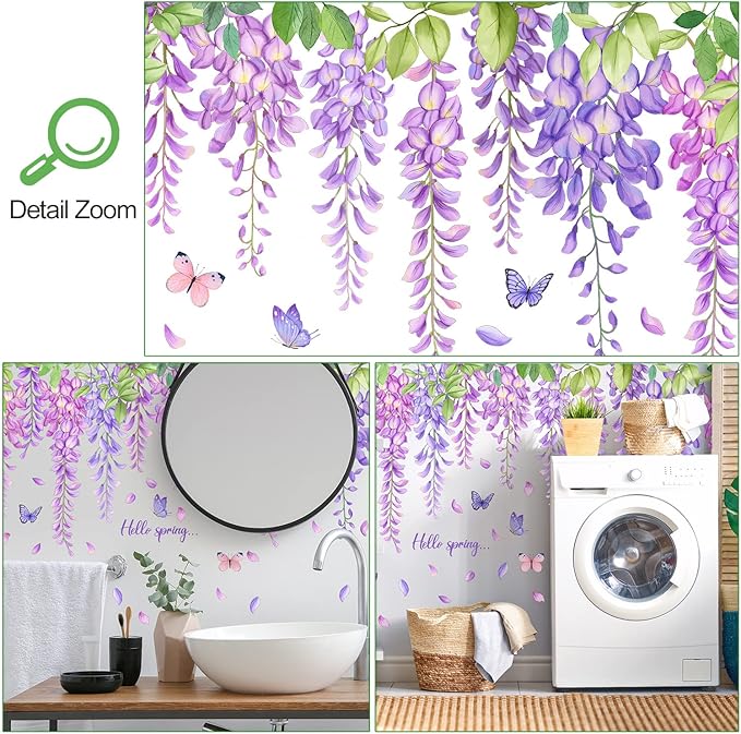 3D Removable Hanging Purple Blue Flowers with Green Leaves Wall Stickers Murals DIY Peel and Stick Flower Vines Floral Wall Decal for Home Wall Corner Kids Bedroom Living Room Nursery Decoration