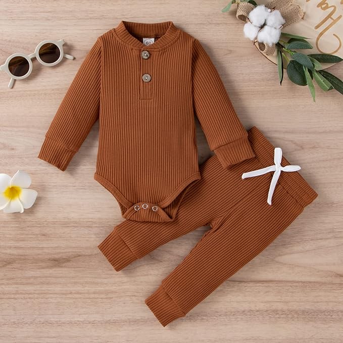 Newborn Baby Boy Girl Clothes Ribbed Knitted Cotton Long Sleeve Romper Long Pants Solid Color Fall Winter Outfits