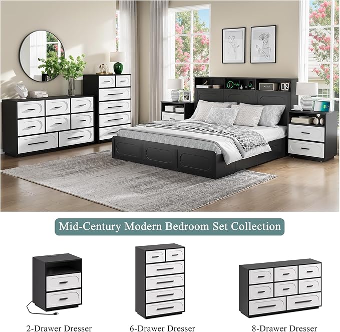 Modern 8 Drawers Dresser for Bedroom, 54" Wide Dressers & Chests of Drawers w/Solid Wood Handle, Mid Century Dresser TV Stand w/Natural Texture for Bedroom, Living Room, White