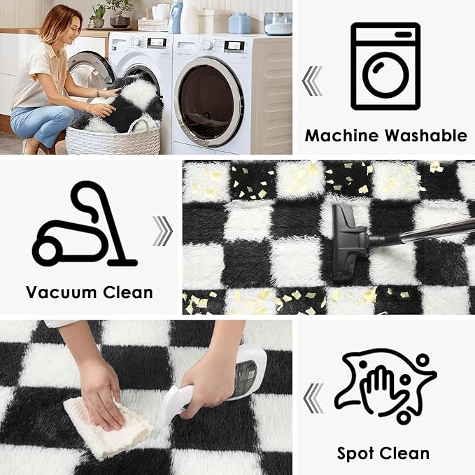 KICMOR Black and White 3x5 Rugs for Bedroom Bedside, Fluffy Soft Checkered Shag Area Rug Fuzzy Shaggy Small Living Room Carpet, Plush Throw Rug for Kids Boys Girls Dorm Nursery Home Decor Aesthetic