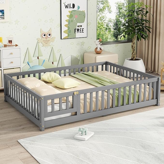 Bellemave Full Size Floor Bed with Slats and Safety Guardrail, Full Size Montessori Floor Bed with Fence and Door, Easy Assemble Montessori Beds for Kids, Girls, Boys, Gray