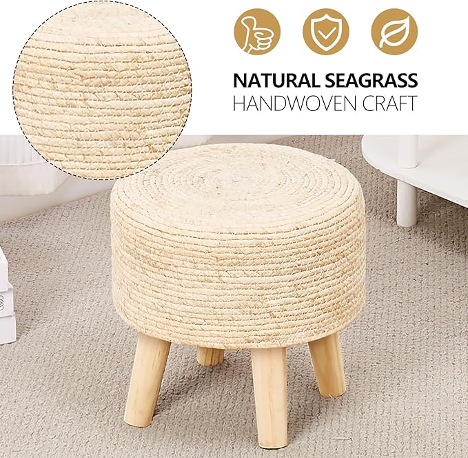 Cpintltr Round Ottoman Natural Seagrass Footstool Hand Weave Water Hyacinth Poufs Eco Friendly Sofa Foot Stool Soft Step Stool Padded Foot Rest with Pine Legs for Living Room (Natural White)