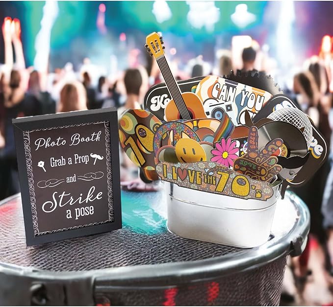70s Photo Booth Props - 41-pc Disco Photo Booth Kit with 8 x 10-Inch Sign, 60 Adhesive Pads, 45 Sticks - Disco Photo Booth Props - 70's Party Props - 70s Decorations