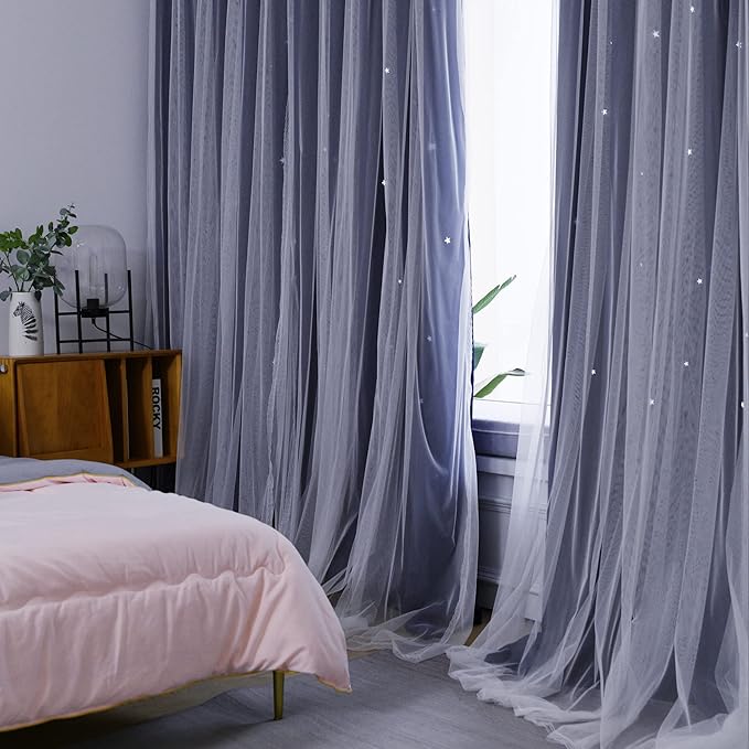 Kinryb Kids Star Cutout Curtains for Bedroom/Living Room/Classroom,2 Free Tiebacks Sheer Overlay 2 Panel Set, Double Layer Curtains for Kids Room(Each Piece W70xL84 Inches 2 Pcs Navy Blue)