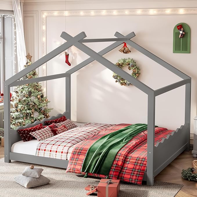 Queen Size Wooden House Floor Bed - Kids Bed Frame with Roof & Support Slats for Bedroom, No Box Spring Needed, Easy Assembly (Grey)