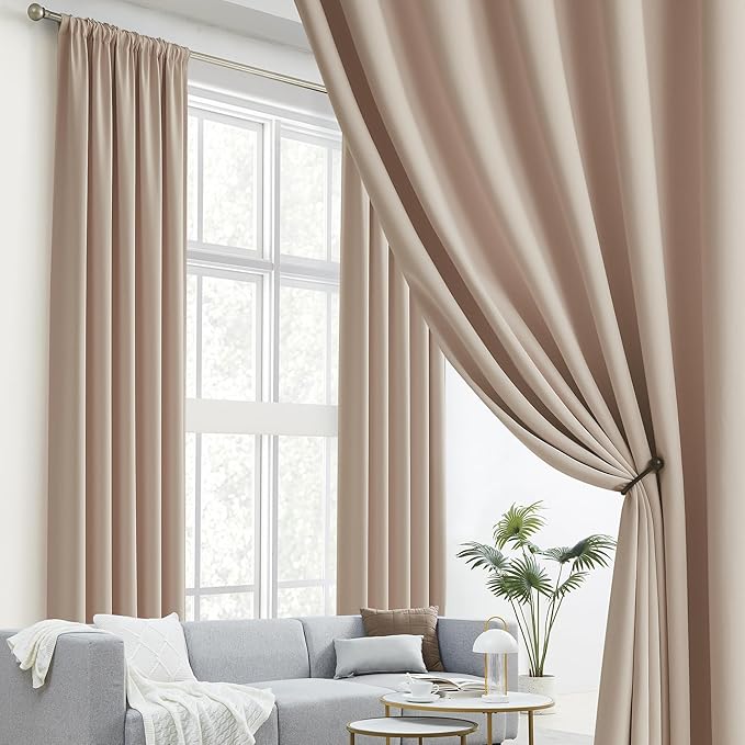 DUALIFE Taupe Room Darkening Curtains Back Tab Rod Pocket 2 Panels Set 63 Inch Length Light Coffee Cafe Curtains & Drapes for Bedroom 52 by 63 Inch