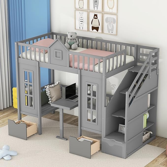 Playhouse Twin Size Loft Bed with Storage Staircase, Solid Wood Bunk Bed Frame with Guardrail for Kids Teens Boys Girls, Down Bed Convertible to Seats and Table Set (Grey-C)