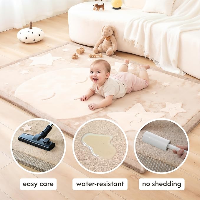 Stylish Coral Baby Play Mat for Floor 47" x 67" Moon&Stars – Soft 1" Thick High-Density Memory Foam Nursery Rug,Kids Rug with Non-Slip Backing for Crawling & Playing, Playroom Rug, Kids Carpet