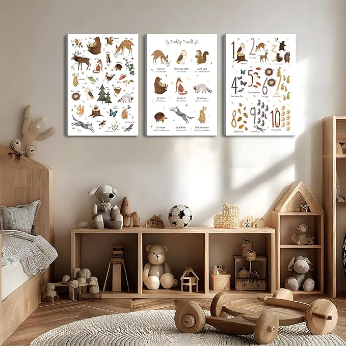 3Pcs Animal Alphabet Numbers Canvas Wall Art Classroom Nursery Painting Educational ABC Poster Prints Kids Playroom Picture Positive Affirmations Animal Wall Decor for Boy Girl Room 16x24in Framed