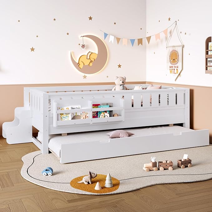 Bellemave Twin Bed with Trundle Twin and Stairs, Twin Size Platform Bed Frame with Fence and Bookshelf, Easy Assemble Beds for Kids, Girls, Boys, White