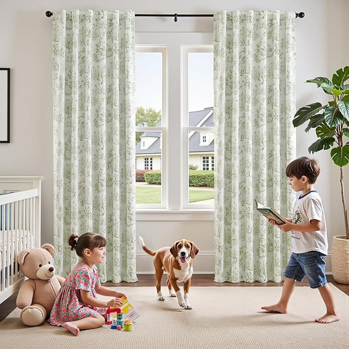 jinchan 95% Blackout Nursery Curtains 84 Inches Long, Bunny Woodland Toile Curtains Sage Green on Beige Animal Printed Drapes Rod Pocket Thermal Insulated Bedroom Farmhouse Window Treatment 2 Panels