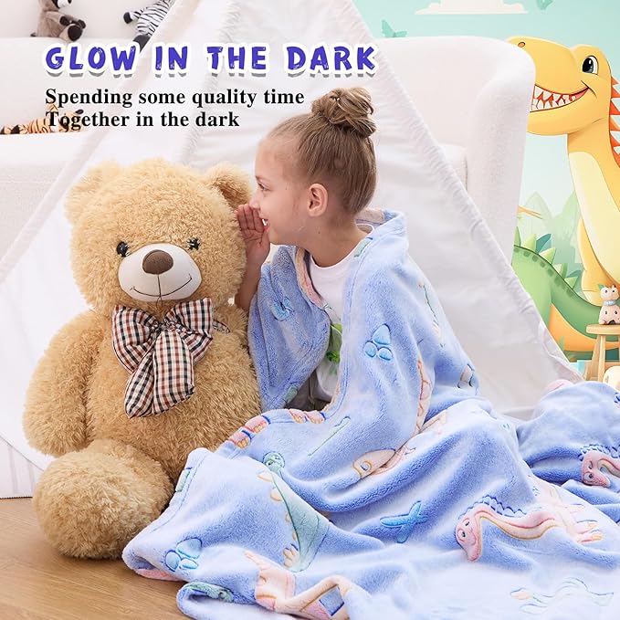inhand Dinosaur Gift Toys for Kids Glow in The Dark Dinosaur Blanket for Boys Girls Fluffy Cozy Fleece Kids Blanket Birthday Christmas Halloween Easter Child Gifts Blue 50"x60"