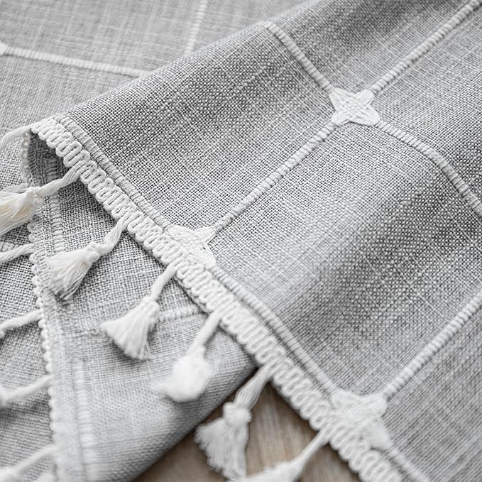 Deeprove Boho Curtain Valance18 Inches Long for Kitchen Cafe Closet, Cotton Linen Gray Plaids Embroidered Short Bohemian Farmhouse Window Treatment Grids Drape Tassels, 1 Panel W52 x L18 Grey