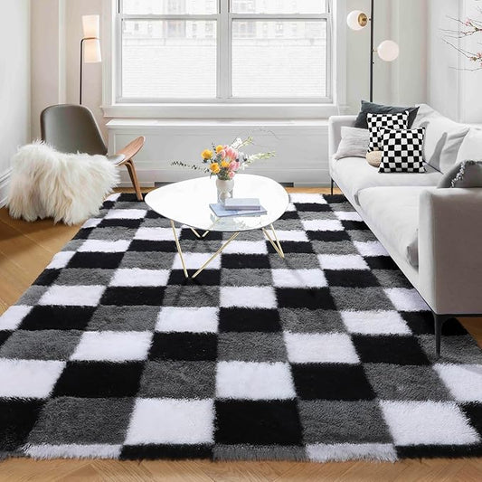 KICMOR Living Room Rugs 5x8, Fluffy Shag Fuzzy Plush Black White Grey Checkered Area Rug Furry Soft Shaggy Carpet for Bedroom, Indoor Floor Rugs for Kids Boys Girls Dorm Nursery Playroom Home Decor