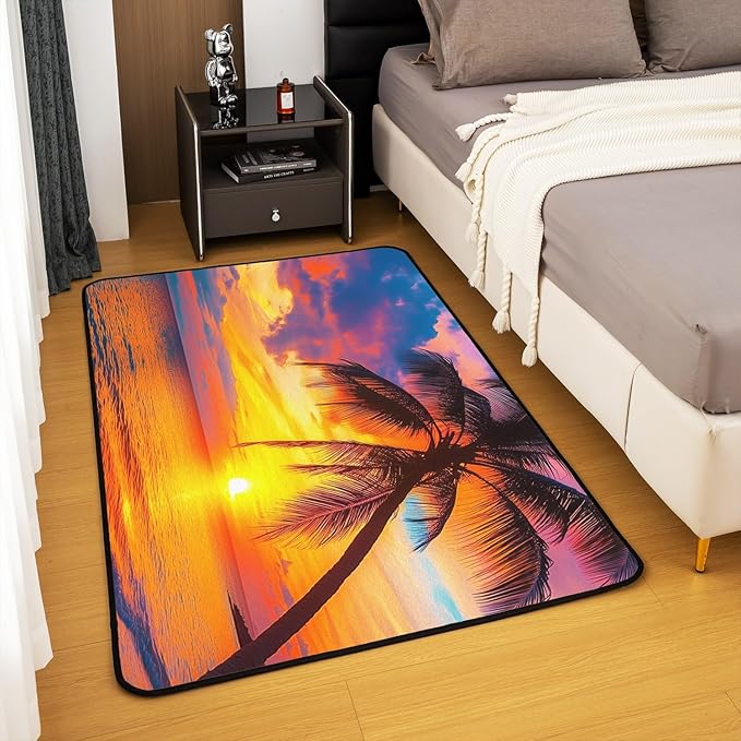 Ocean Beach Area Rug 4x5 and Mats,Hawaiian Beach Palm Tree Decorative Carpet Floor Mat Decor, Tropical Sea Sunset Carpet,Machine Washable Non-Slip Living Room Rugs for Bedroom