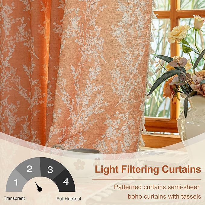 OYX Orange Boho Curtains 63 in Long with Tassel for Living Room,Semi Sheer Printed Floral Curtains, Rod Pocket Farmhouse Vintage Rustic Drapes for Bedroom, Home Decor 2 Panel Sets,Burnt Rustic Drapes