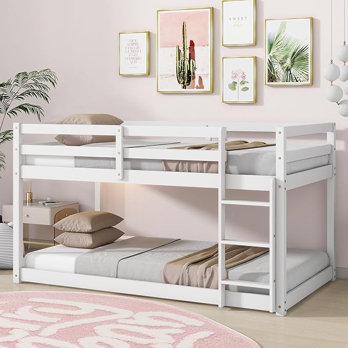 Bunk Bed Twin Over Twin, Wood Low Profile Floor Twin Bunk Beds with Ladder Guardrails for Kids Boys and Girls, No Box Spring Needed
