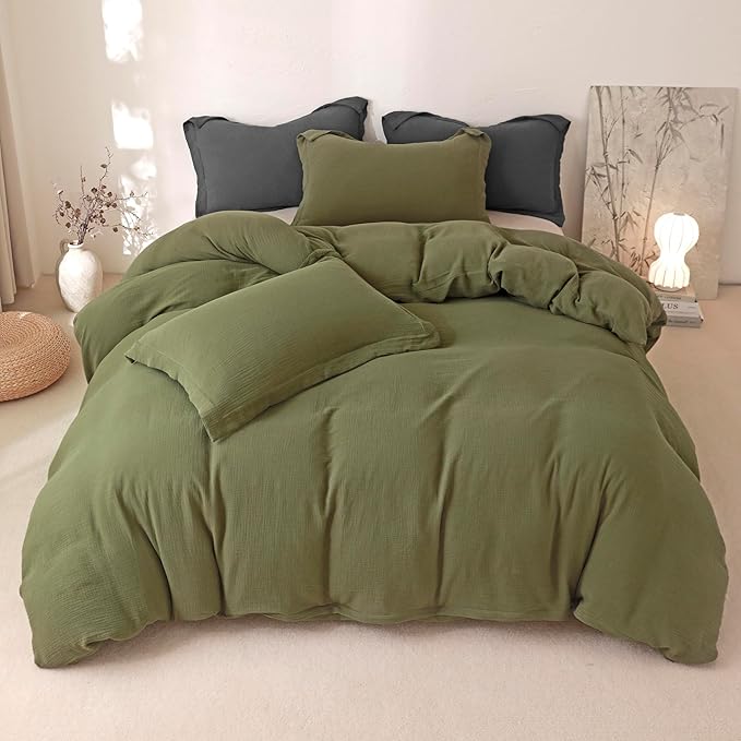MorroMorn Muslin Duvet Cover King Size, Ultra Soft 100% Cotton Comforter Cover Set, 3 Pieces 2-Layer Gauze Duvet Cover with 2 Pillowcases, Breathable Lightweight Linen Like, 90"x104", Olive Green