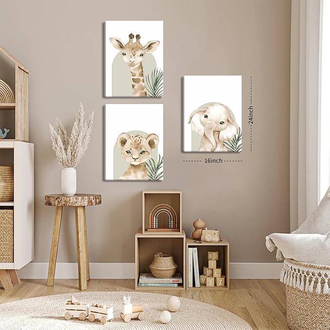 Nursery Wall Decor Set of 3, Cute Animal Lion Elephant Baby Pictures Poster Prints, Giraffe Jungle Canvas Wall Art Woodland Nursery Decor for Boys Girls Room Decoration 16x24 inch Framed