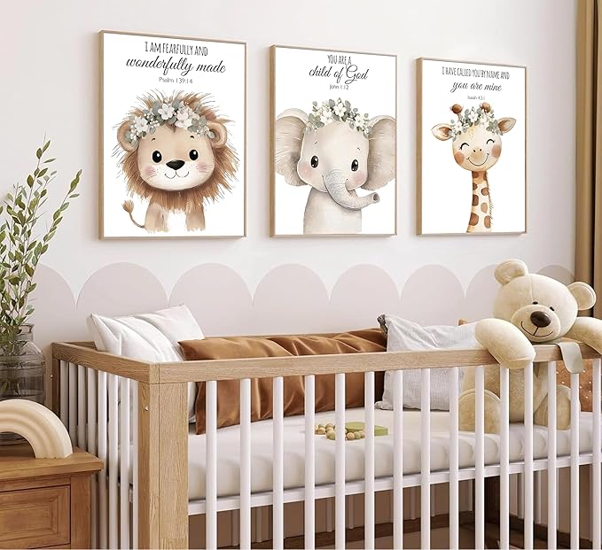 3 Pcs Nursery Bible Verse Animal Wall Art Cute Funny Safari Animals Christian Painting Picture Wall Decor Giraffe Elephant Lion Poster Print Artwork for Boys and Girls Home Decoration Unframed