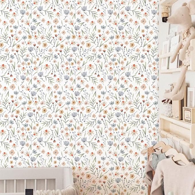Boho Floral Wallpaper Wildflower Wall Paper Small Flower Wall Stickers Decor Botanical Floral Leaf Decals Peel and Stick Cute Flower Wallpaper for Kid Baby Room Girl Bedroom Decor