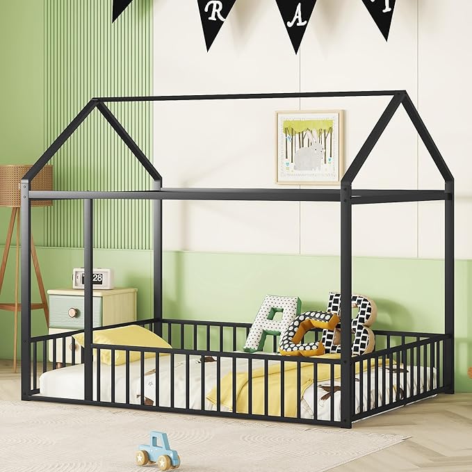 Bellemave Full Size Montessori Floor Bed, Metal House Bed Framefor Kids, Montessori Floor Beds with Fence, Playhouse for Kids, Black