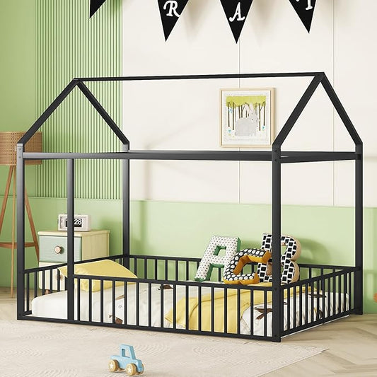 Bellemave Full Size Montessori Floor Bed, Metal House Bed Framefor Kids, Montessori Floor Beds with Fence, Playhouse for Kids, Black