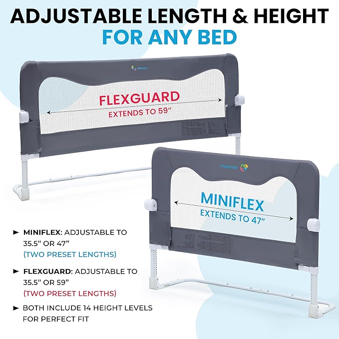 TotCraft MiniFlex Adjustable Length & Height Bed Rail for Toddlers – Fits Twin, Full & Queen Beds – 35.5″ or 47″ Two Fixed Lengths – 14 Height Levels – ASTM Certified Toddler Bed Rail for Kids (Grey)