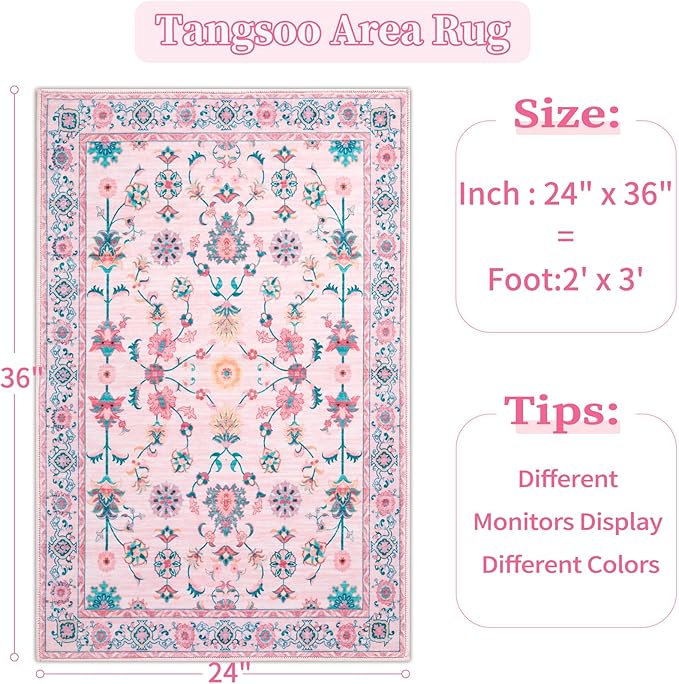 Tangsoo Pink Small Rug for Entryway, 2x3 Washable Entry Rug for Girls Nursery Bedroom Bedside, Non Slip Floral Area Throw Rugs Soft Cute Floor Carpet Indoor Mat for Entrance Kitchen Bathroom