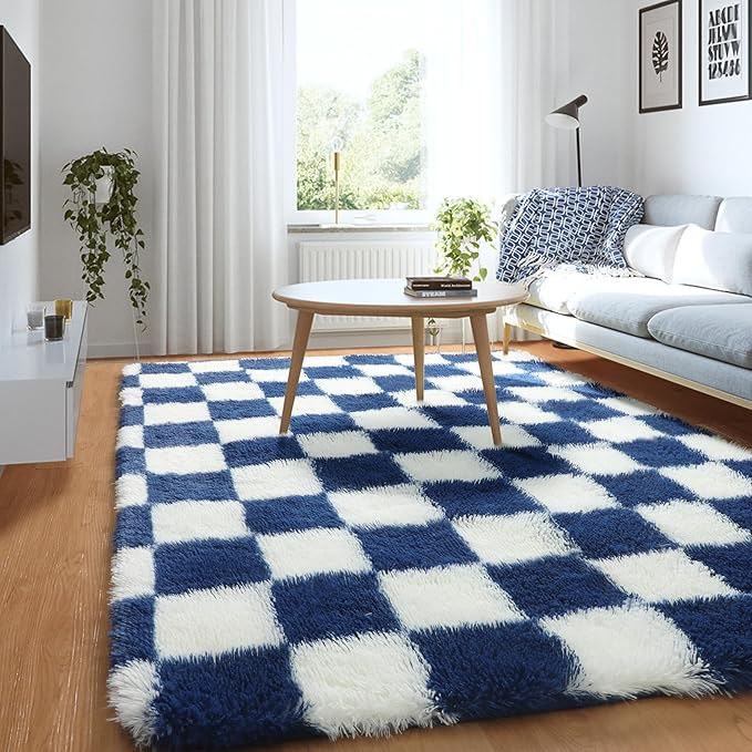 KICMOR Soft Fluffy Navy Blue and Cream White Area Rug for Bedroom, 3x5 Fuzzy Shag Shaggy Checkered Rugs Small Carpet for Living Room, Indoor Plush Checkerboard Rug for Kids Boys Home Décor Aesthetic
