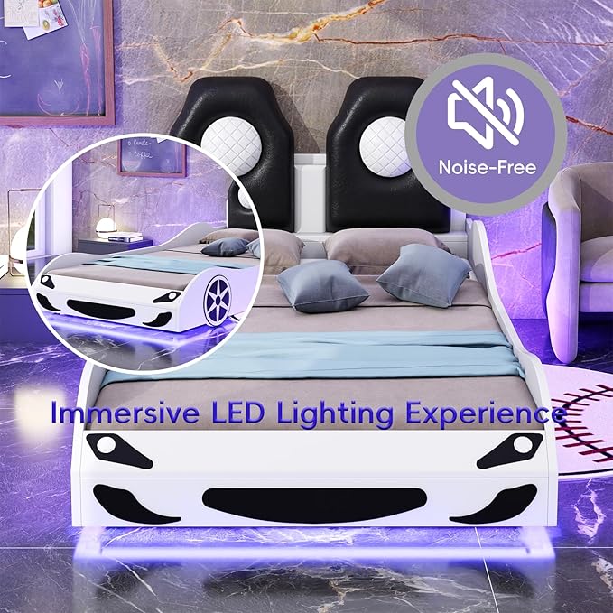 Kids Car Bed Frame Twin Size Car-Shaped Platform Bed with LED Lights and Upholstered Backrest, Solid Wood Car Bed Frame with Wheels and Guardrails for Boys Girls, White