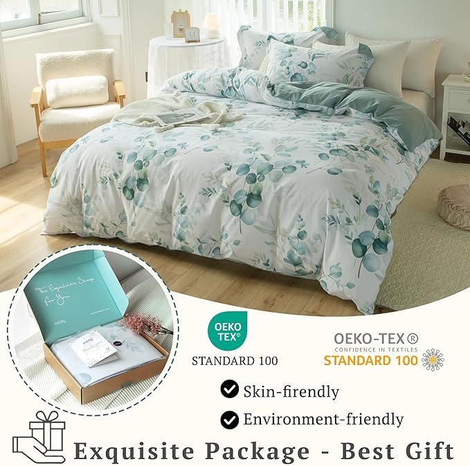 MILDLY Duvet Cover Leaf Pattern - 100% Washed Cotton Eucalyptus Printed Comforter Cover Sage Green Bedding Set with Zipper Closure 4 Ties Full Size