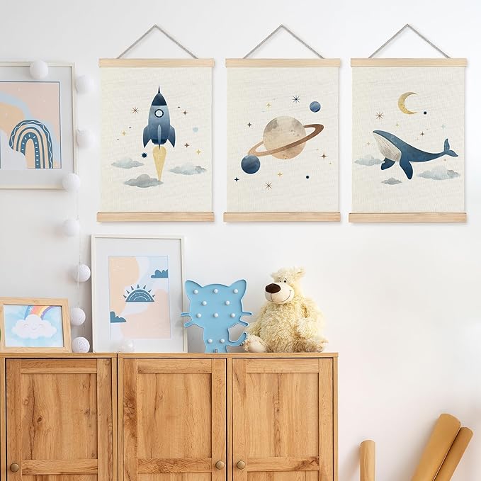 URLLUAE Space Whale Wall Art Posters for Kids Room, Outer Space Rocket Planet Poster Hanger Frame for Classroom Toddler Boys Room Nursery Playroom Wall Decor, 12x16 Inch Set of 3