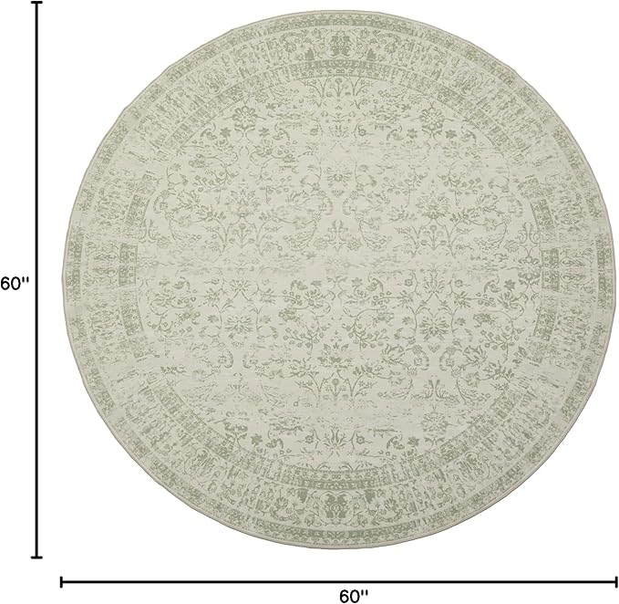 Kitchen Living Room Bedroom Dining Room 5' Round Vintage Rug Indoor Floor Cover Floral Print Sage Green Circle Rug 5' Round