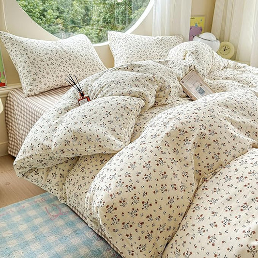 LifeTB 100% Cotton Muslin Duvet Cover Queen Size Vintage Botanical Floral Duvet Cover Ultra Soft Flower Comforter Cover Lightweight Soft Breathable Gauze Bedding Comforter Cover with 2 Pillowcases